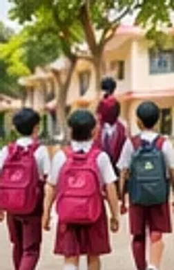 Illustration of students with backpacks walking towards the school building