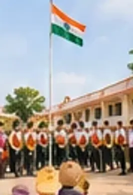 Illustration of students assembled around the national flag